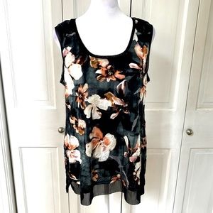 Simply Vera Vera Wang Sleeveless Top. Black-Multi Floral Crepe, Chiffon Net Trim